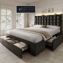 UPHOLSTERED BED FRAME QUEEN SIZE WITH STORAGE DRAWERS AND LED LIGHTING BRAND NEW IN BOX!!!