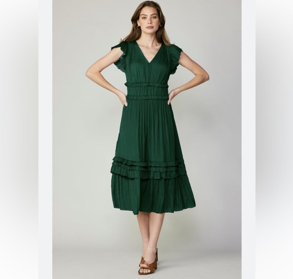 Anthropologie current air emerald green short sleeve accordion midi dress L 