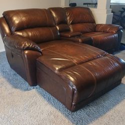 2 Piece Genuine Soft Leather Lounge Recliner With Drink Holder 