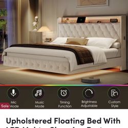King Size Upholstered Floating Bed With LED Lights, Charging Port By Wrought Studio™