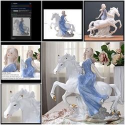 FENDOUBA Figurines Ceramic Statue Western Girl Riding Horse Ornament Crafts Porcelain Sculpture Creative Home Decor Gift 11.8x4.3x12.5 Inch