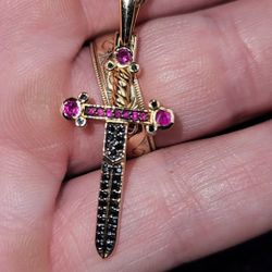 Solid 10k 4mm DC Rope Chain & Solid 10k Natural Black Diamond & Natural Ruby Sword Pendant 