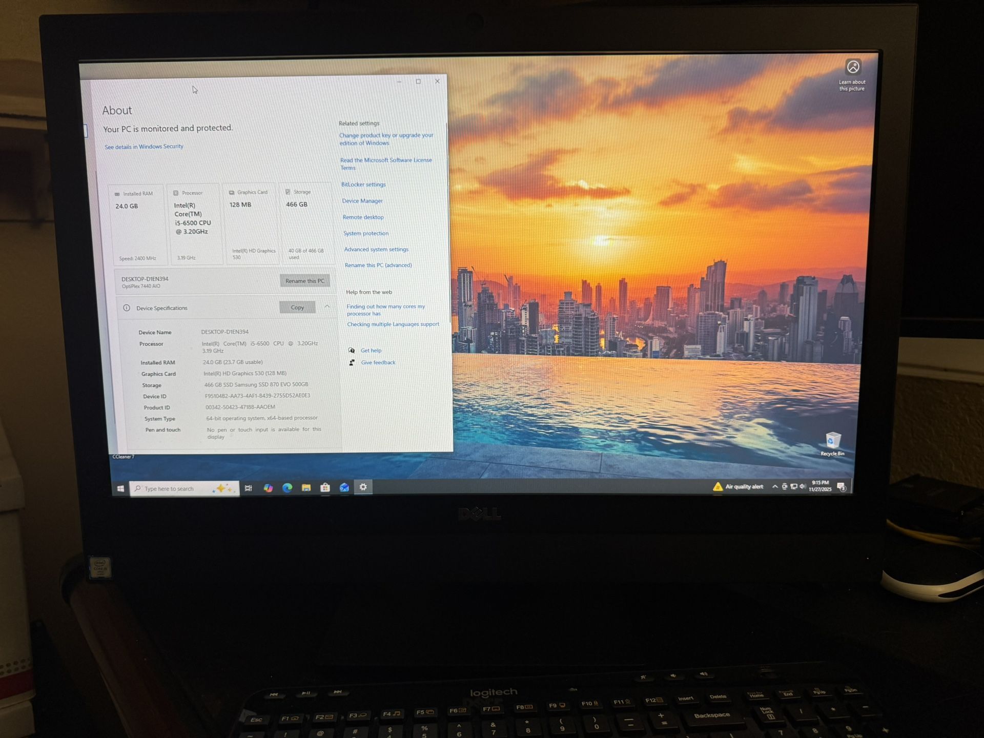 Dell Optiplex 7440 24” LCD All-In-One, i5 24 GB RAM 500 GB SSD