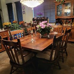 Dining room set antique six chairs to leas dry bar , large china , hutch custom table cover for heat all perfect