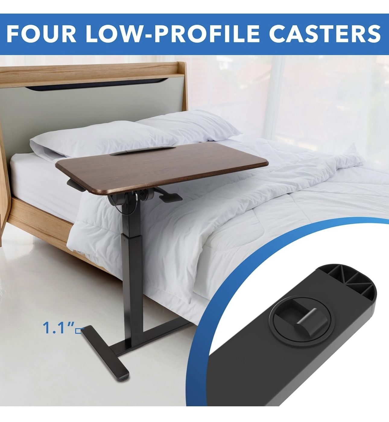 Rolling Bedside Table, Desk Overbed Tray Table on Wheels for Hospital or Home Meals in Bed, Adjustable Height Tilting Swivel Standing Laptop Desk