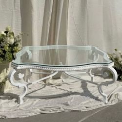 Large White iron coffee table w/ glass top VINTAGE