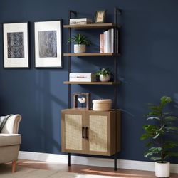 Ladder 5 Tier Bookshelf with Rattan Cabinet, 73" Tall Bookshelf with Oak Wood Storage,Wall Mount Bookshelves with Steel Frame Plant Display for Bedroo