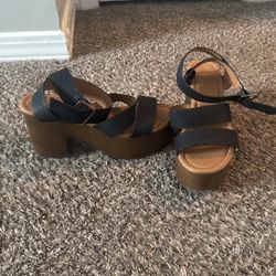  Black Nubuck Platform Sandals Wood Heels 