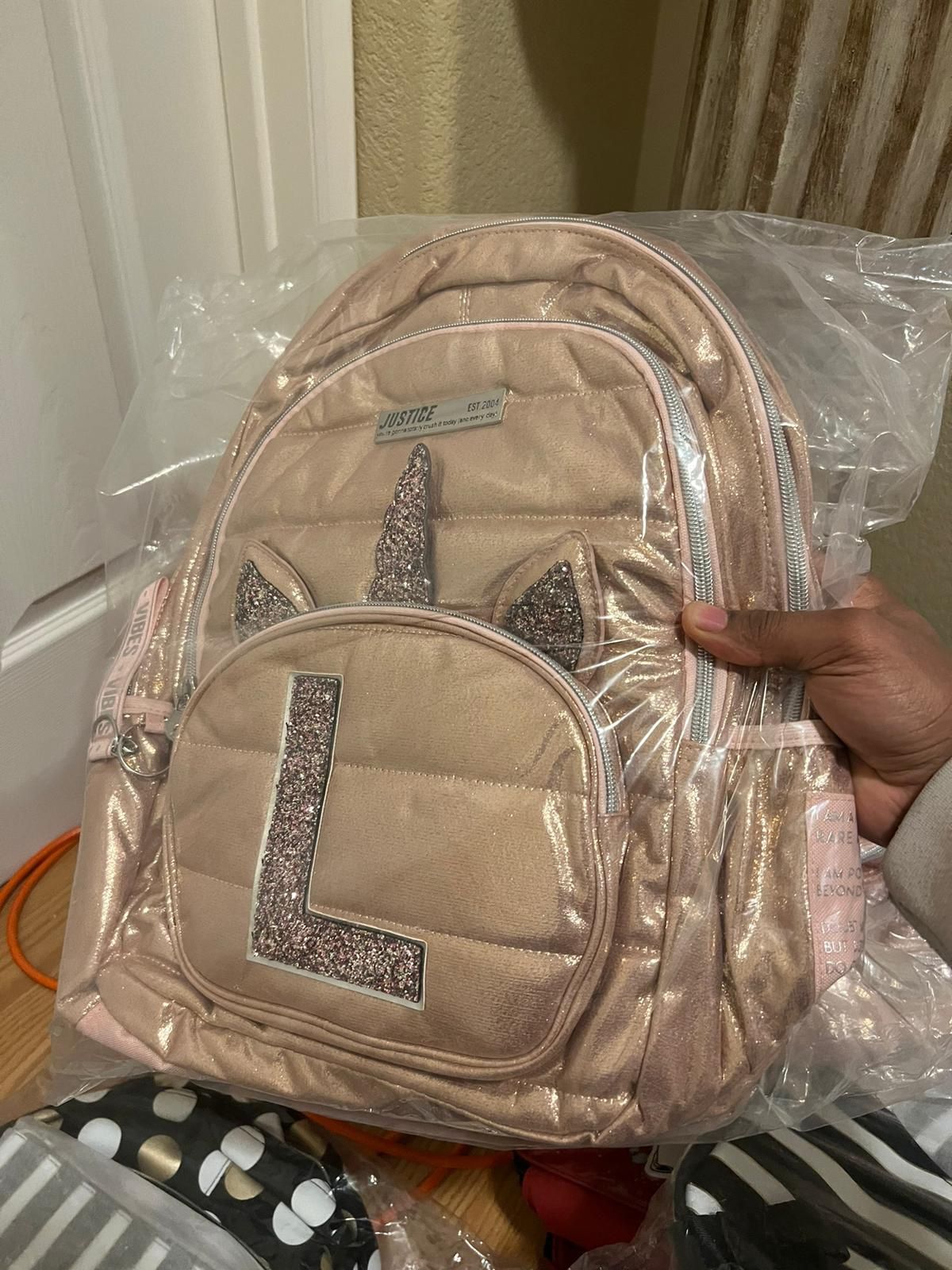 Justice Rose Gold Backpack Letter L