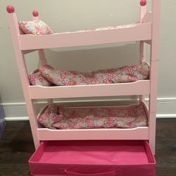 3 Pink Stackable Wooden Beds Triple Bunkbed With Bedding Sets For American Girl Doll Or 18” Dolls