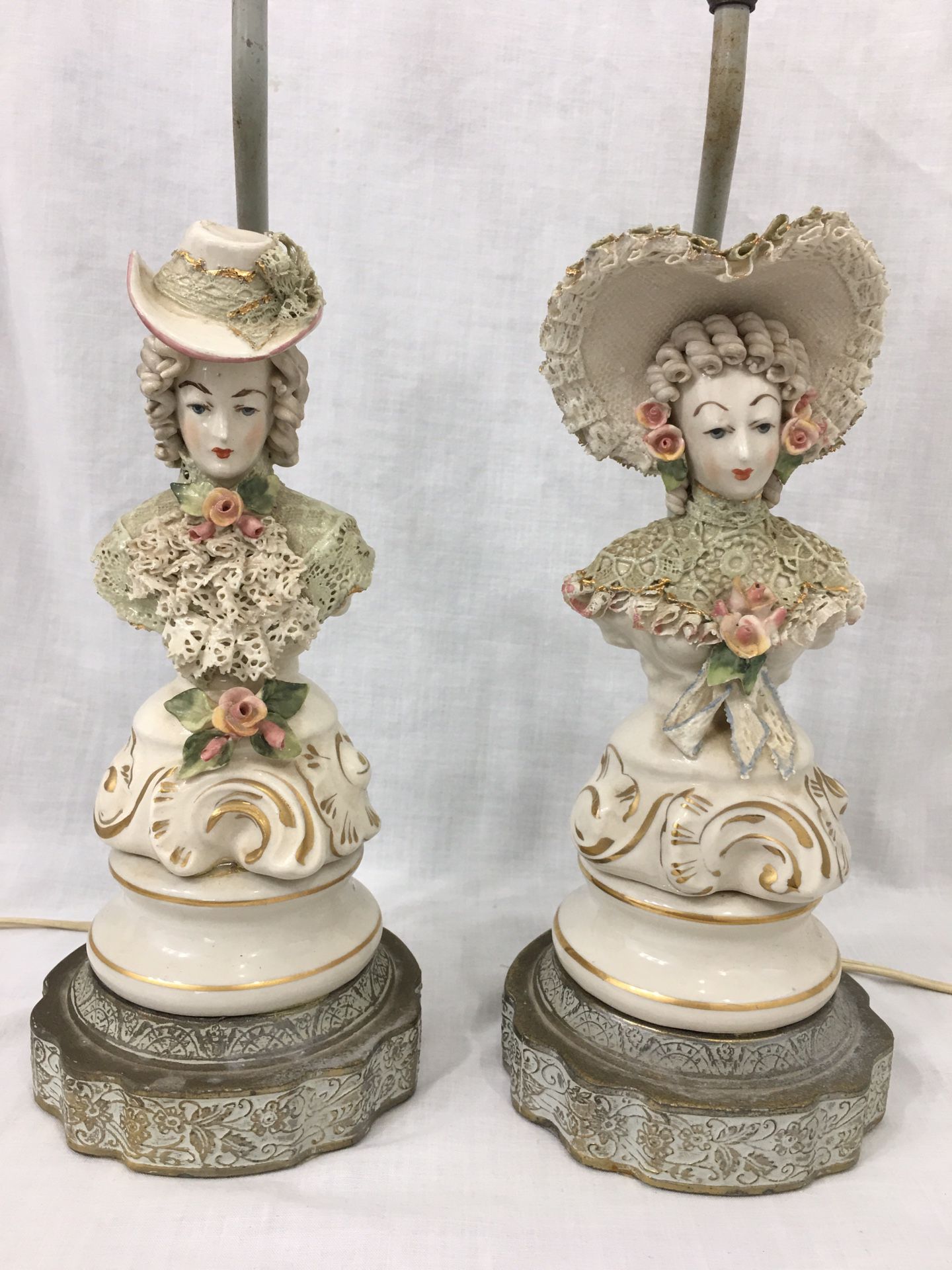 Vintage Victorian Porcelain Lace Dressed Figurine Lamps