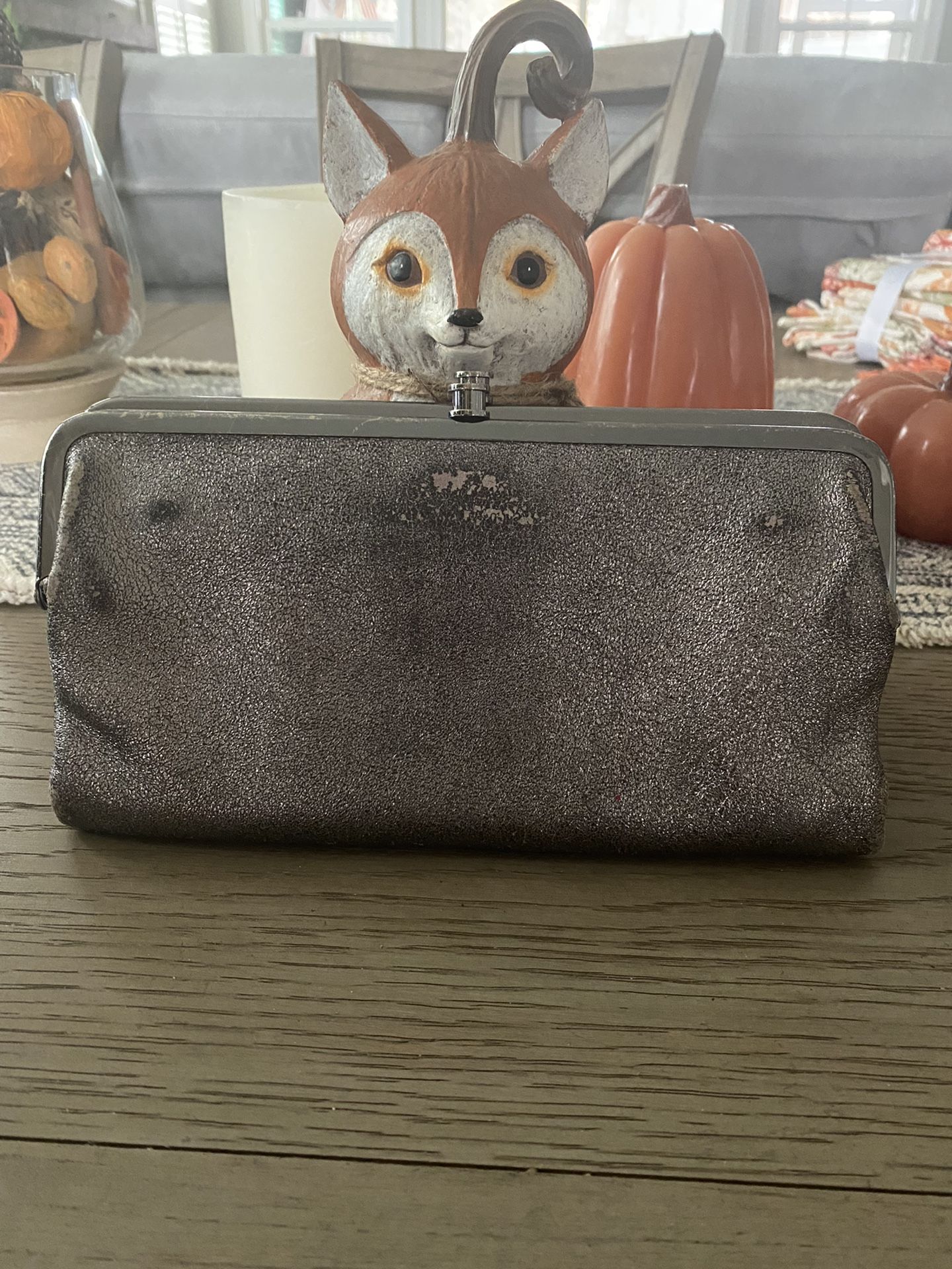 HOBO Rare Vintage Metallic Gunmetal Leather Lauren Wallet/Clutch