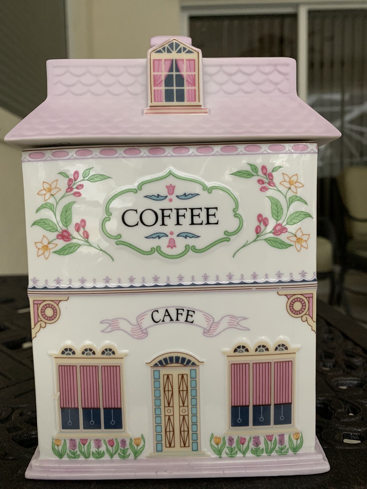1990s The Lenox Village Coffee CAFE Canister with lid Fine Porcelain Vintage  Approx 8” x 5” Overall in great clean condition   Please see last pictur