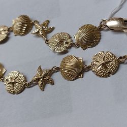 14Kt Yellow Gold Scallops & Star Fish Links Design Ladies Bracelet 7.25" Long 11 mm Size 