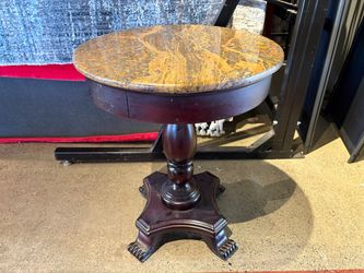 19th Century Style Brown Pedestal Table with Stone Top