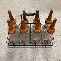 Glass 1 Quart Oil Bottle W/ Jay B Rhodes Carrier Antique Oil Gas Station Vintage Oil Can