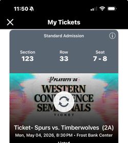 2 Spurs vs. Timberwolves round 2 tickets.  Section 123 Row 33 seats 7&8 plus premium lot 4 parking.