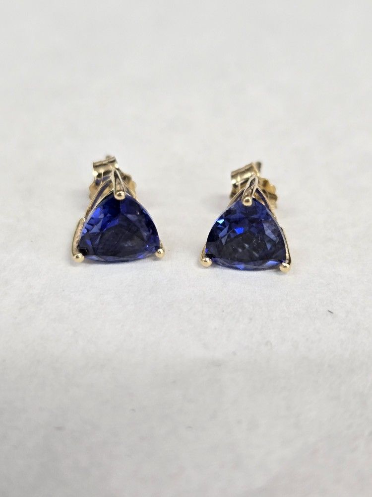 14kt Gold Trillion Cut Lab Sapphire Earrings