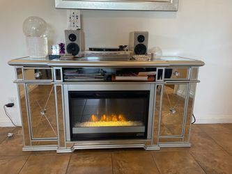 Mirrored Electric Fireplace TV Console + Record Player Included
