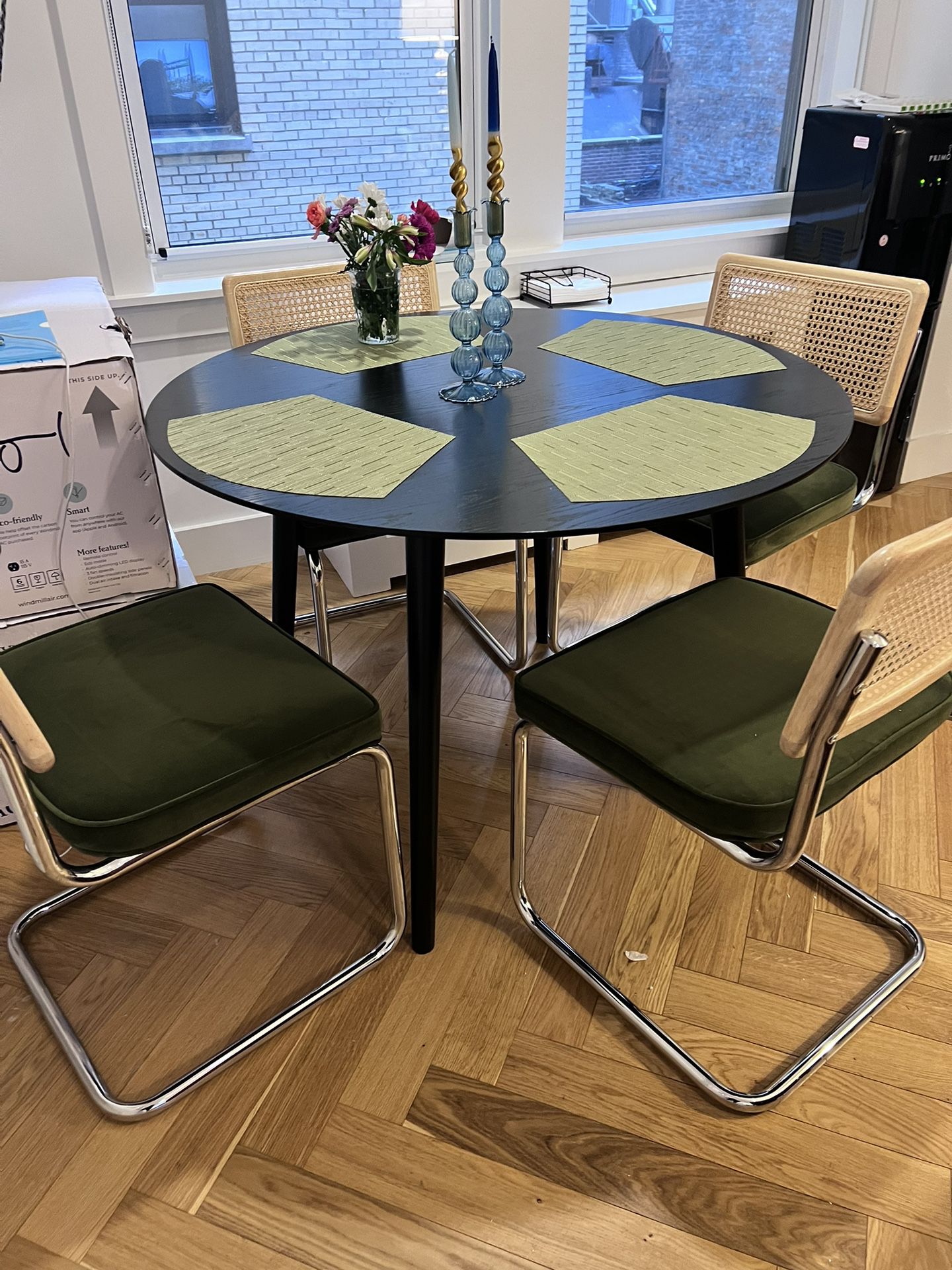 Dining Set 42” Black Table With 4 Cane and Metal Chairs