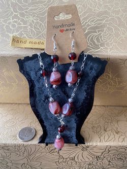 Handmade Red Marbled Bead Necklace and Earring Set