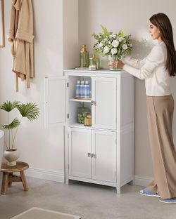 Bathroom Floor Storage Cabinet with 4 Doors, Cloud White Freestanding Bathroom Storage Unit, Adjustable Shelf, 23.6 x 11.8 x 43.3 Inches, HELAN Collec