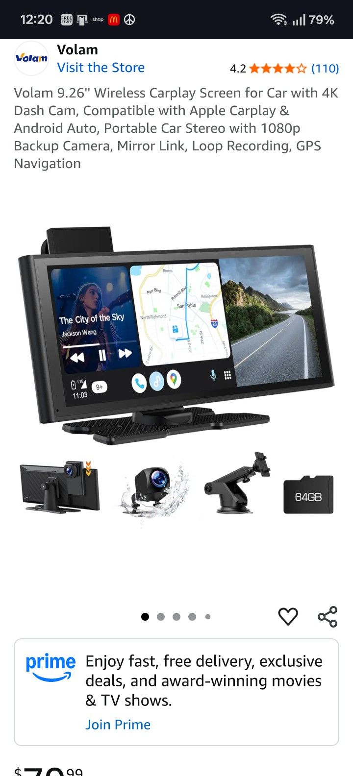 Volam 9.26'' Wireless Carplay & Android Auto Screen for Car with 4K Dash Cam