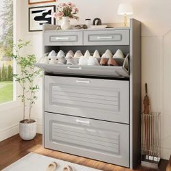 524*Shoe Cabinet with 3 Large Flip Drawers & 2 Storage Drawers, Narrow Shoe Organizer Cabinet Fits white color