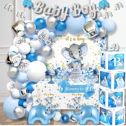 187 pc Premium Baby Shower Decorations for Boy, Birthday Boy, 2 in 1 Set - Balloon Garland Arch, Balloons Boxes and Banner, Elephant Baby Shower and B