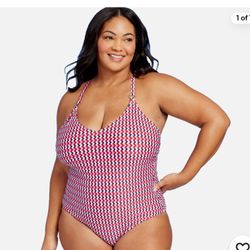 Kona Sol Women's Gold Ring Accent One Piece Swimsuit Red White Blue Size : 20 