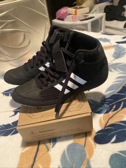 Adidas HVC K Wrestling Shoes Kids US 3.5 Black White Three Stripe Lace-Up AQ3327