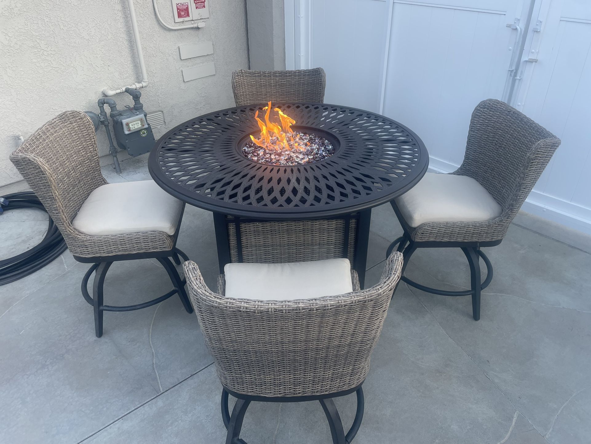 Outdoor Rattan Sunbrella Fire Table Set