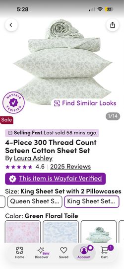 Green Floral Toile King Bed Sheets and pillow cases 4 pc 300 thread count cotton sateen sheet