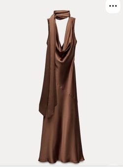 Zara Limited Edition Satin Effect Dress with Scarf Tie Caramel Brown