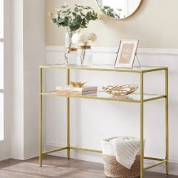 Console Sofa Table, Modern Entryway Table, Tempered Glass Table, Metal Frame, 2 Shelves, Adjustable Feet, for Living Room, Hallway, Gold Color ULGT025