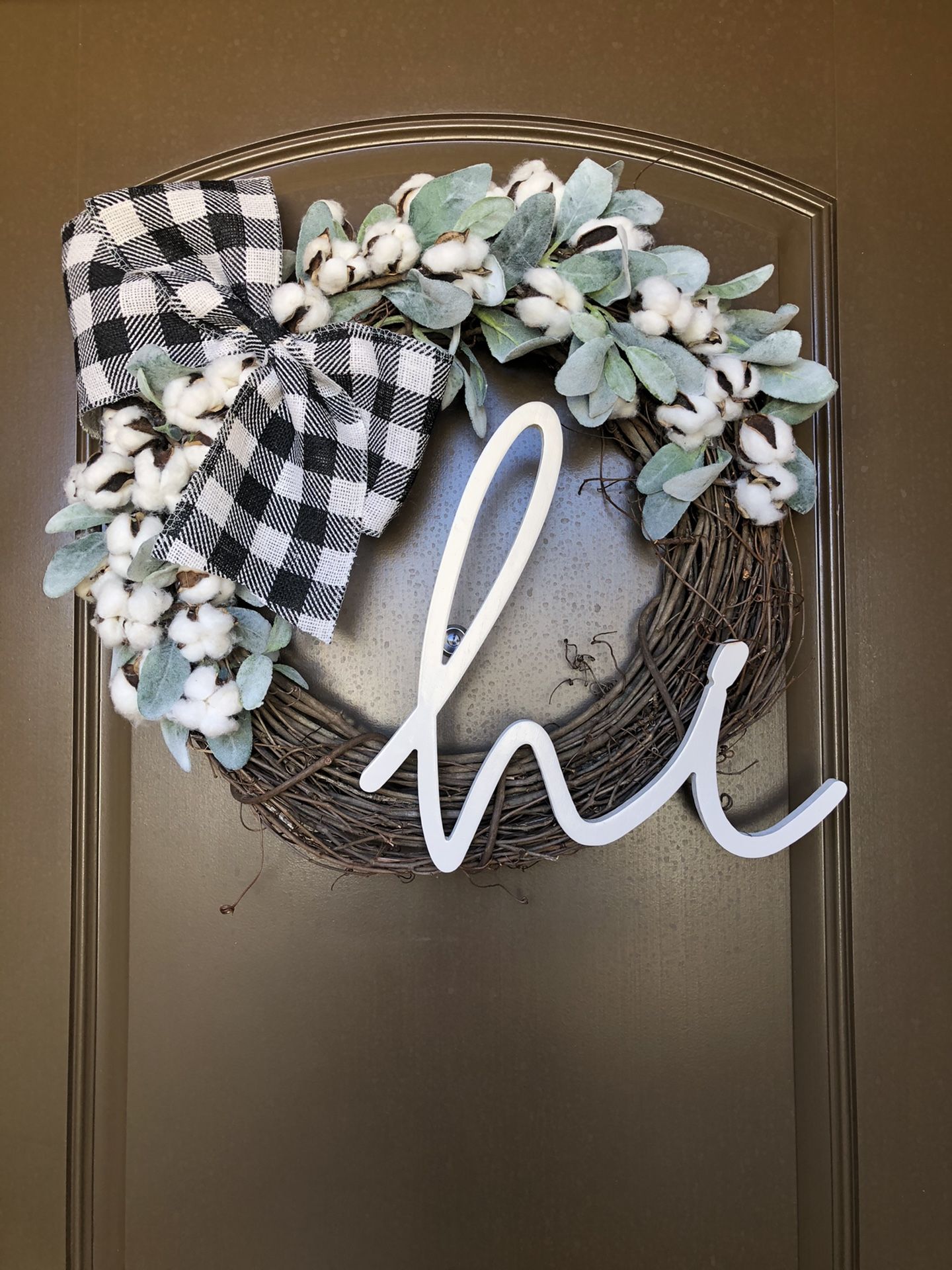 Farmhouse Style Wreath with Cotton Balls, Lambs Ear, Burlap Buffalo Plaid Bow, and Rustic “hi” Sign