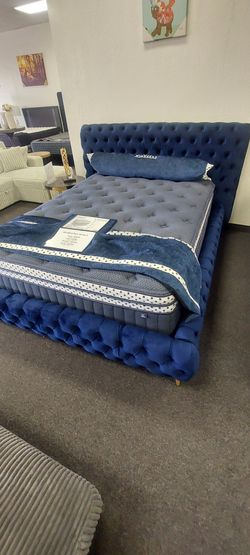 Blue Velvet Queen Bedframe 