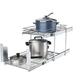 Brand new 2 Tier Pull Out Cabinet Organizer, 17" W x 21" D Heavy-Duty Metal Sliding Drawer Shelf for Kitchen Cabinets, Chrome,  Located Hesperia ca   
