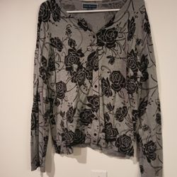 Karen Scott Women's Floral-Print Gray & Black Button-Up XL Cardigan