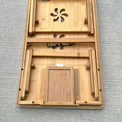 Bamboo Laptop Desk with Drawer, Height Adjustable and 4-Level Tilting Desktop, Foldable and Portable Lap Tray with Heat-Dissipation Holes, Tray Table 