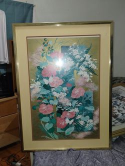 Original Huge Framed Flower Watercolor Painting Signed 