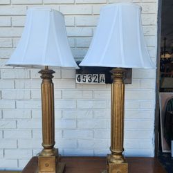 2 Vintage Roman Style Cast Column Lamps By Leviton, Gold, Tall 36", Works