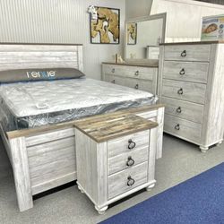 LH 👉$39 Down Payment  For Financing 👉 Willowton Farmhouse Style Whitewash Queen King Bedroom Set 