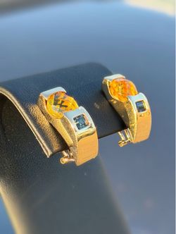 14k solid yellow gold clip-on Natural Oval 7CTW Citrine & 1.1CTW Blue Topaz Emerald cut stone Earrings
