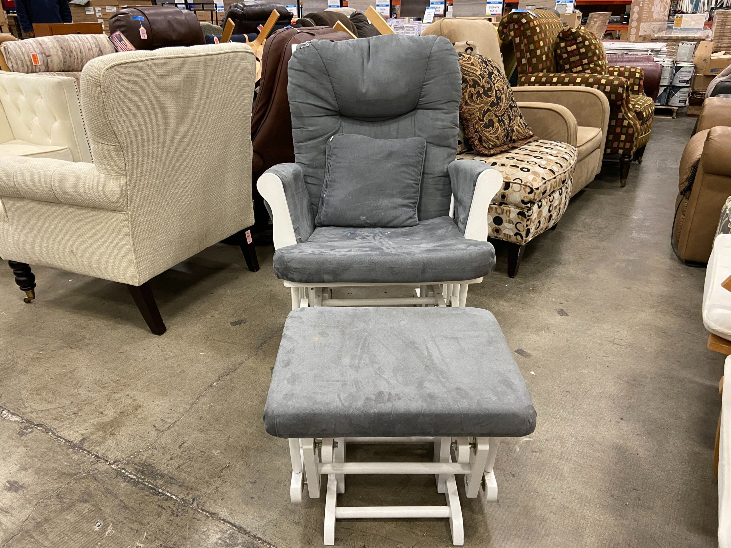 White Wooden Rocking Chair with Blue Cushions and Ottoman