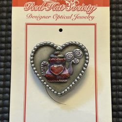 RHS Teapot Heart Glazed Enamel Pin/Pendant With Eyeglasses Holder Drop Down Loop 