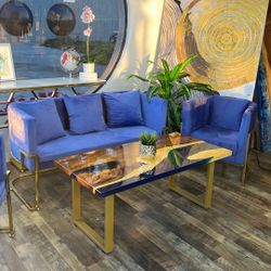 Siting Area Furniture: Bench, Coffee Table, 2 Armchairs, Entrance Table, Chandelier   