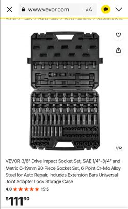 VEVOR 3/8" Drive Impact Socket Set, SAE 1/4"-3/4" and Metric 6-19mm 90 Piece Socket Set, 6 Point Cr-Mo Alloy Steel for Auto Repair, Includes Extension