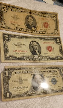 Vintage US Currency Lot - Red Seal $5, Red Seal $2, & Blue Seal $1 Silver Certificate