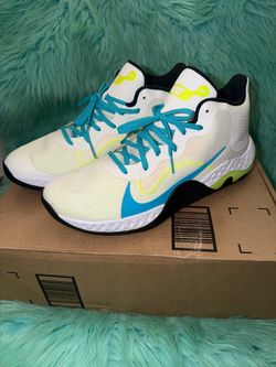 Excellent condition like new Nike Renew Elevate Sneakers mens 12 White light blue Ck2669-102 Neon Yellow.